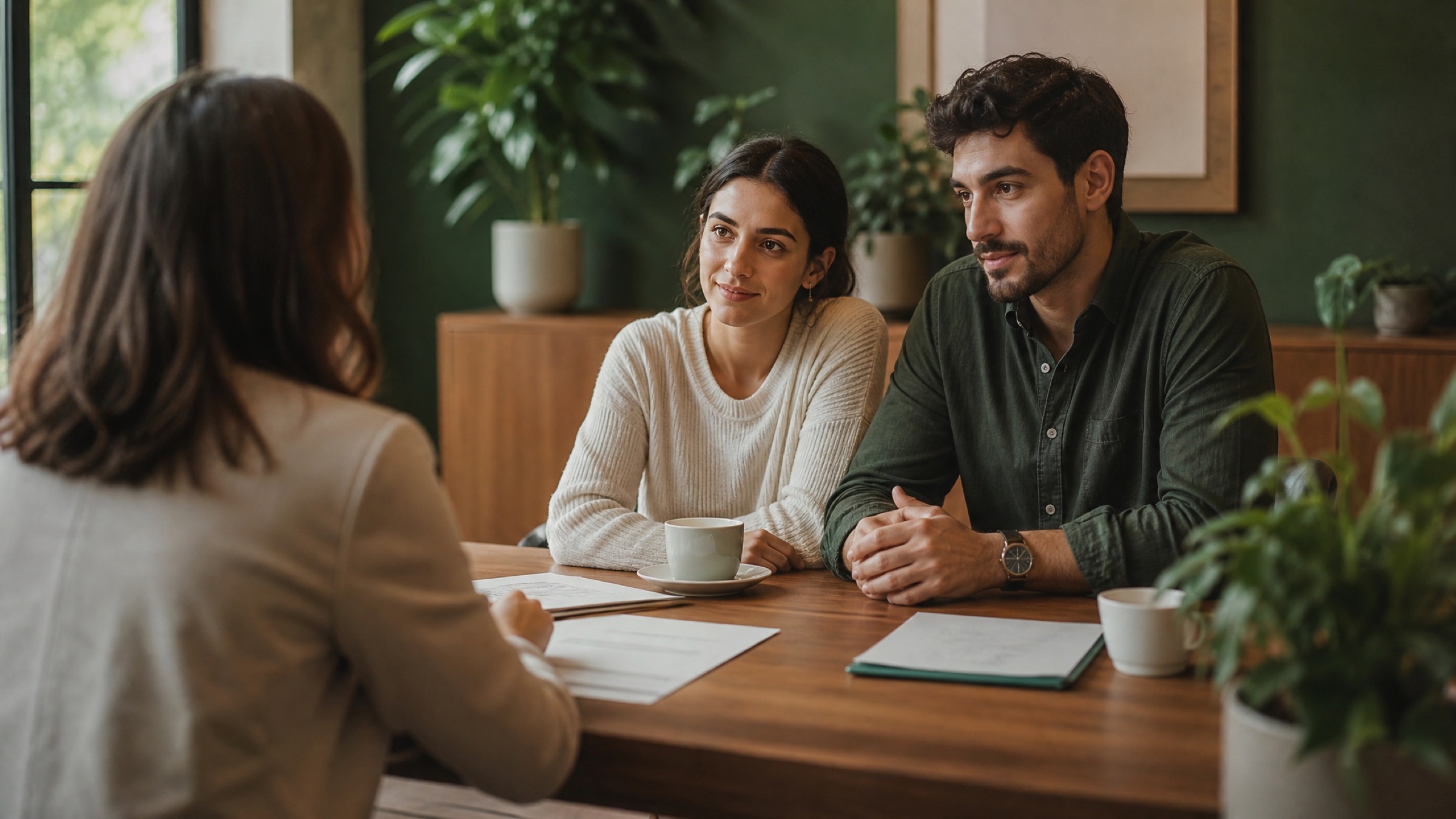 An immigration consultation across a table, documents and coffee between the adviser and a couple