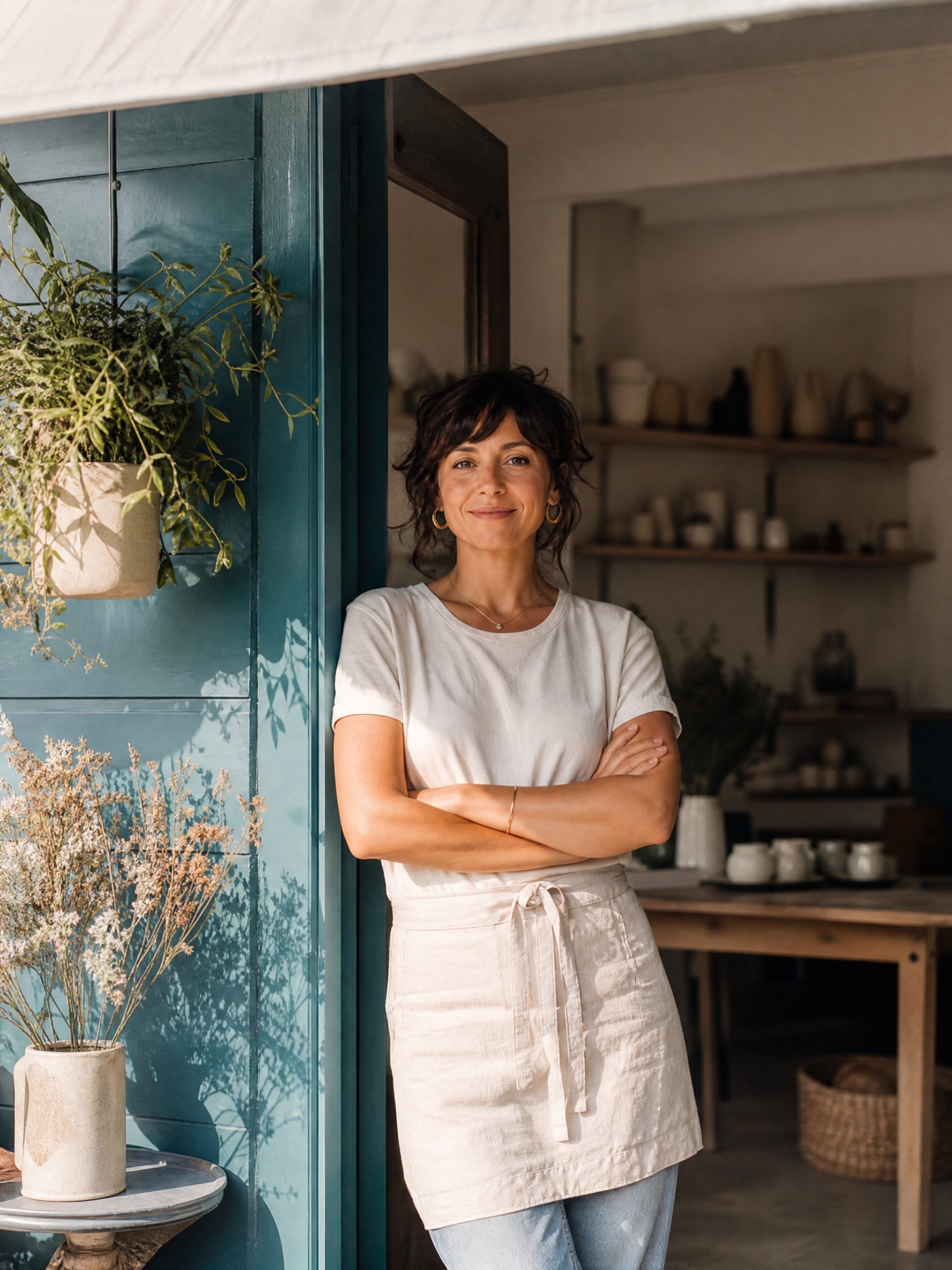 A small business owner at work in a bright studio abroad