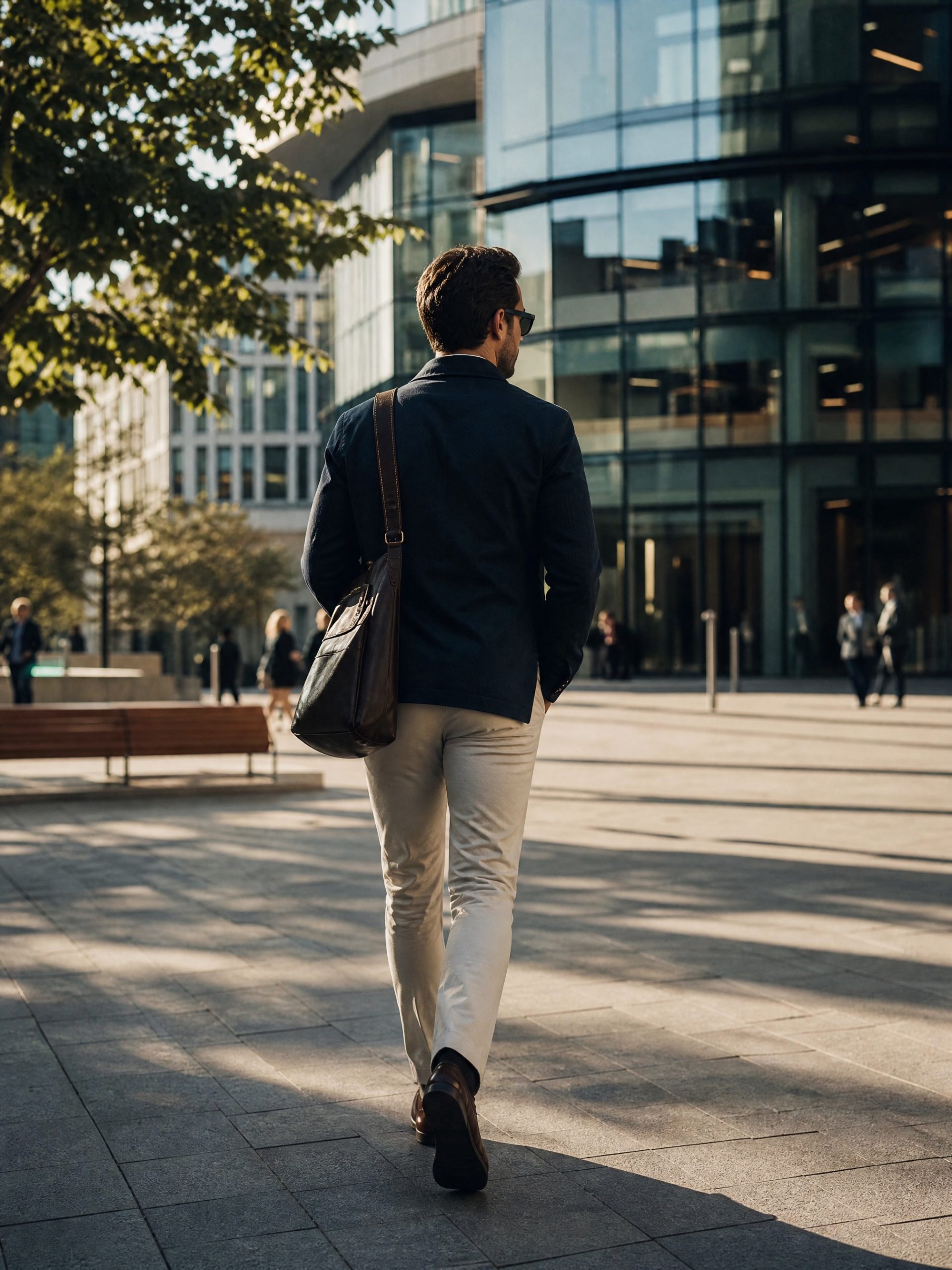 A professional walking into a modern office building in a new city
