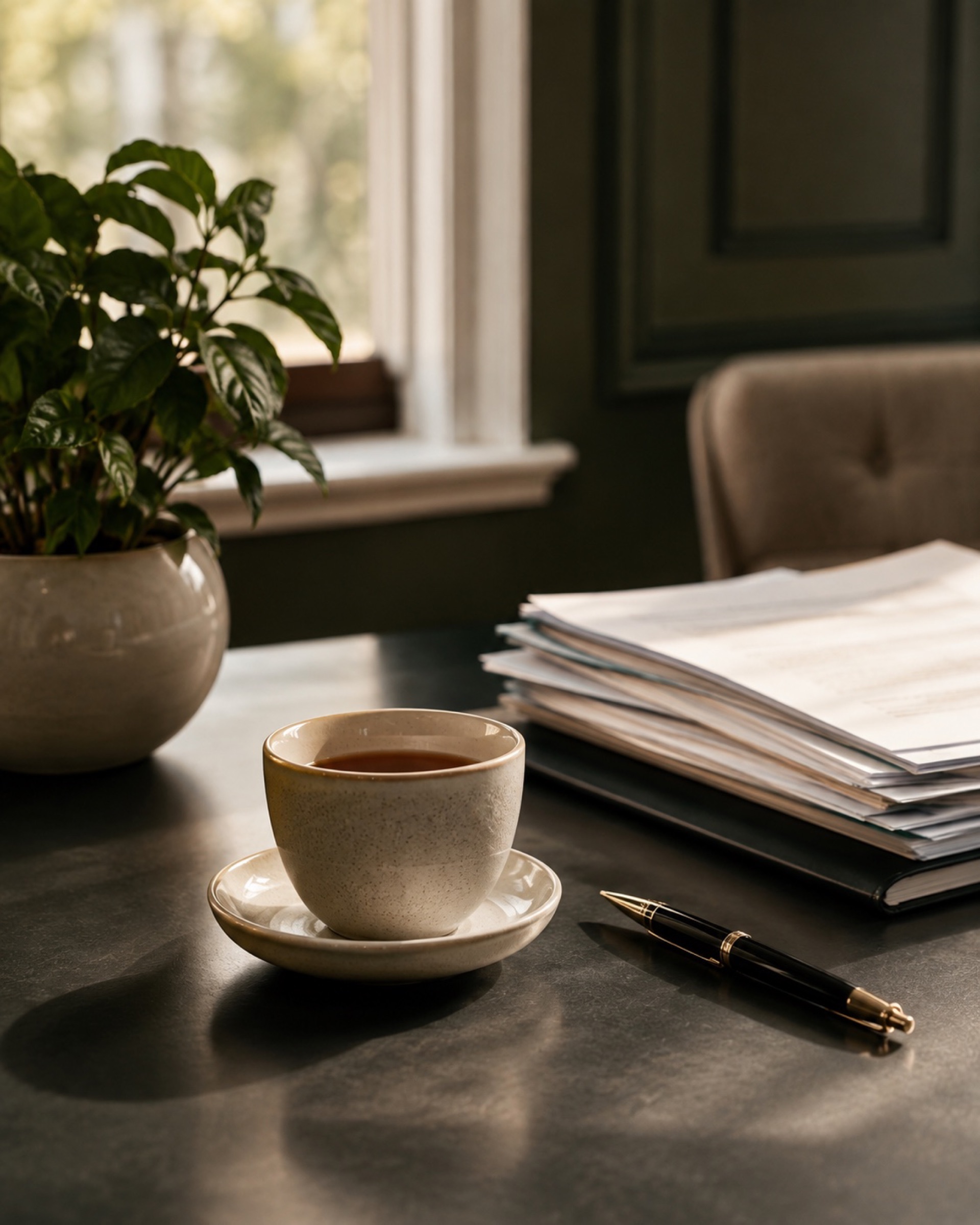 A cup of tea, a pen and a stack of application documents on a consultant's desk beside a window