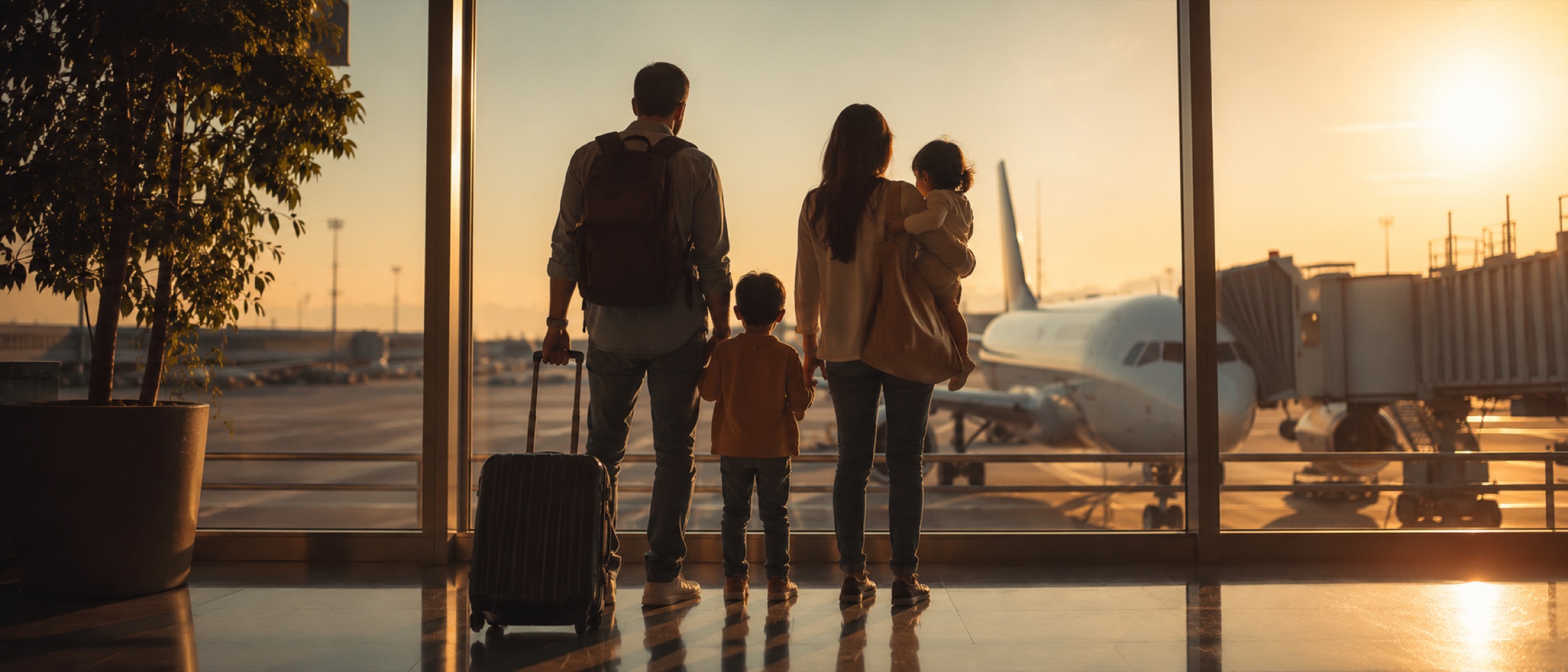 A family walking through a sunlit airport terminal with their luggage at the start of a move abroad
