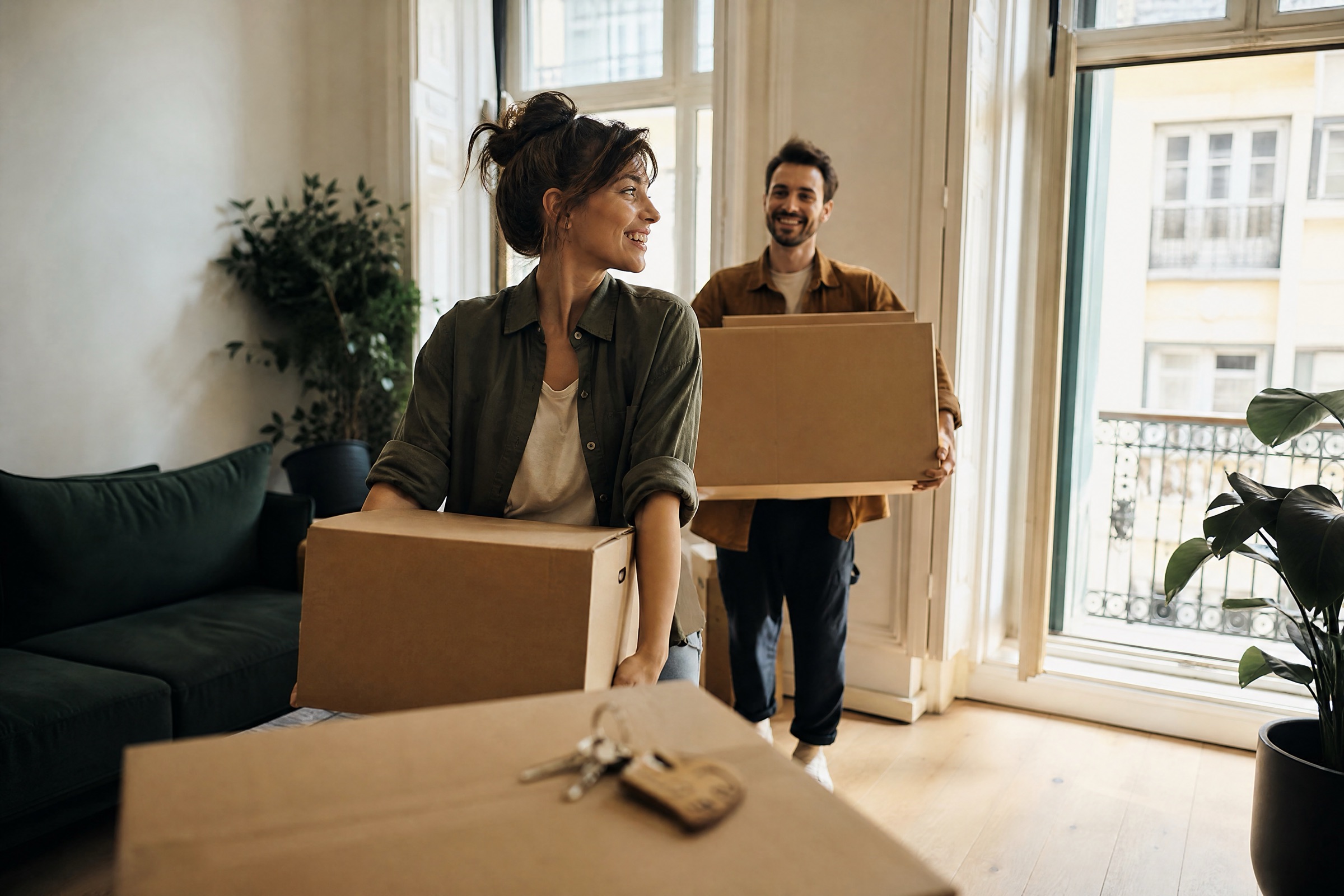 A couple unpacking boxes in a bright new apartment after relocating