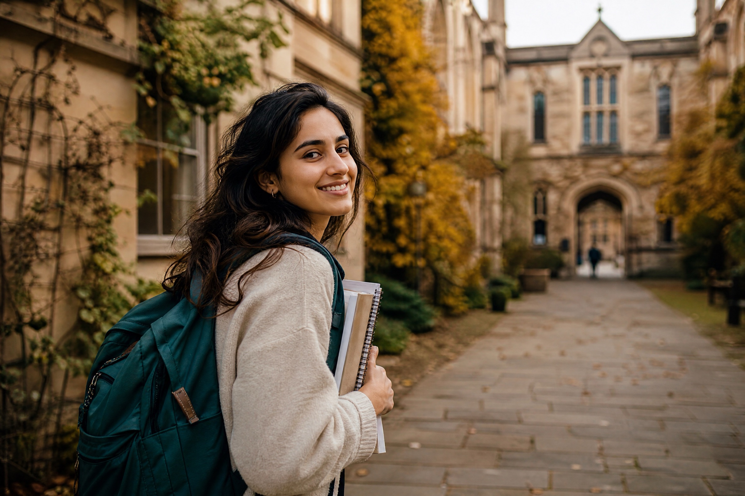International student walking through a university campus with a folder of documents