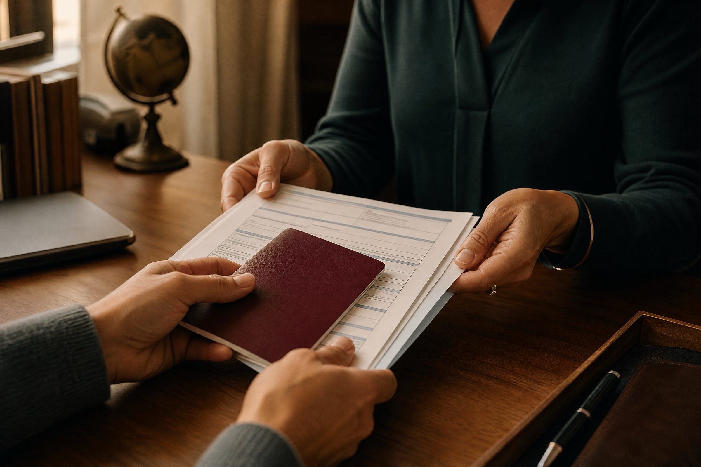 Passports and visa application paperwork laid out on a desk in natural light